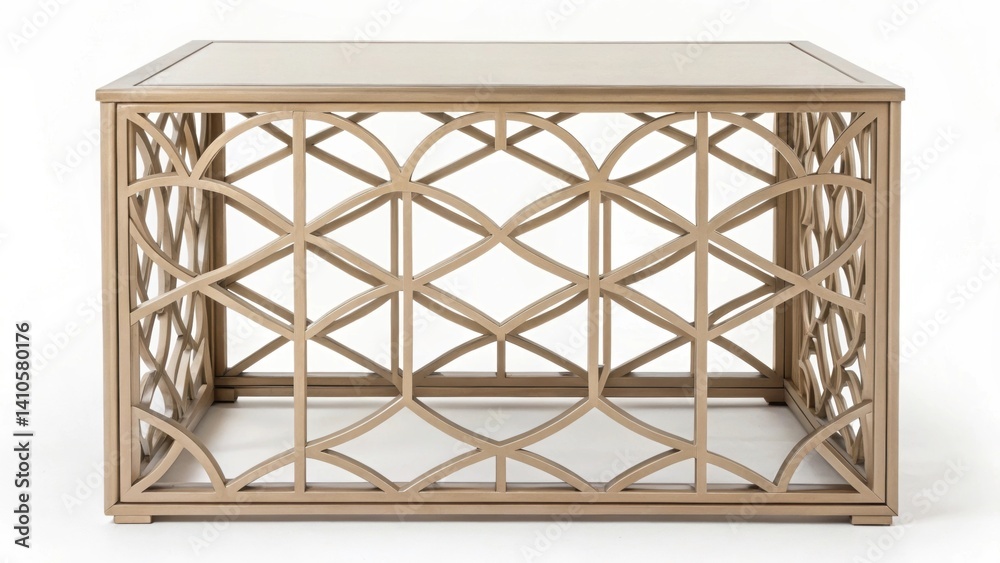 Poster A closeup of an elegant side table with an intricate lattice design highlighting the interplay of light and shadow through its open framework giving an airy modern feel to indoor