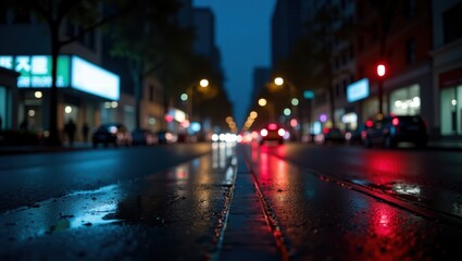 Busy wet city street at night with bright neon lights and reflections