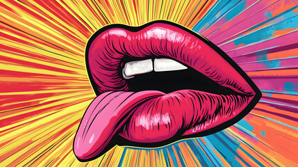 Bold and vibrant illustration of a female mouth with bright pink lips and a playful tongue, set against a radiant background.