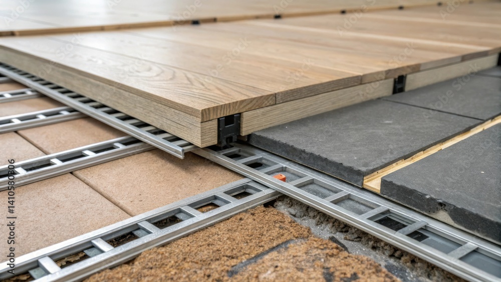 Poster A closeup of a modular floor system focusing on the detailed floor joints and underlayment that enhance durability and soundproofing.