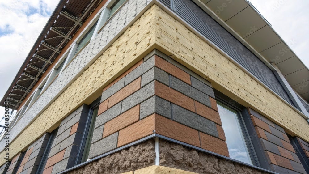 Poster A closeup of a multilayered building facade system featuring a combination of insulating materials and external cladding designed to absorb shocks and vibrations.