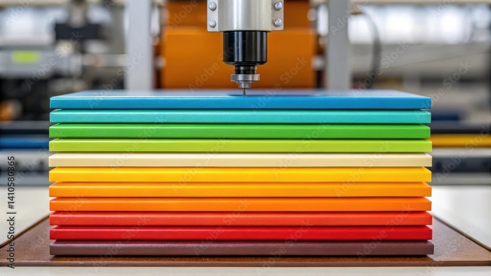 Poster A closeup of an array of colorful panel samples stacked beside a robotic workstation emphasizing design versatility and aesthetic choice in modern interiors.