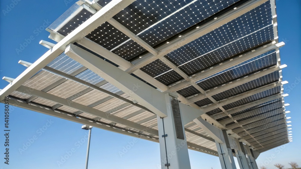 Aufkleber A closeup of an architecturally stunning sunshade device that doubles as a solar collector with sleek lines and embedded photovoltaic cells that reflect modern design.