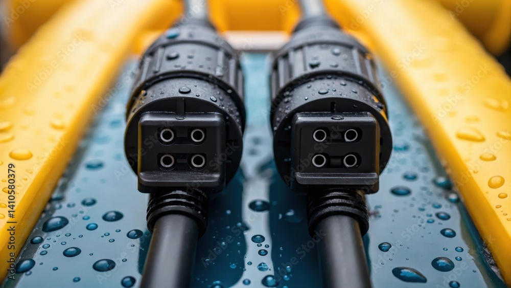 Poster a closeup of an underwater robotic systems electric connectors glistening with moisture emphasizing 