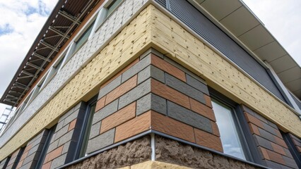 A closeup of a multilayered building facade system featuring a combination of insulating materials and external cladding designed to absorb shocks and vibrations.