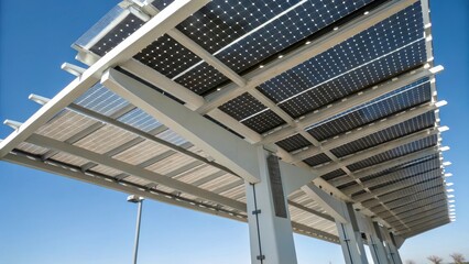 A closeup of an architecturally stunning sunshade device that doubles as a solar collector with sleek lines and embedded photovoltaic cells that reflect modern design.