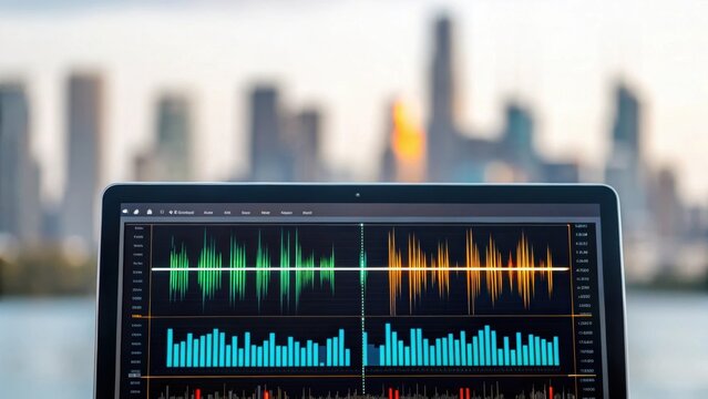 A closeup of an AI algorithm interface featuring visual representations of noise frequencies being processed in realtime juxtaposed with a blurred city skyline that illustrates