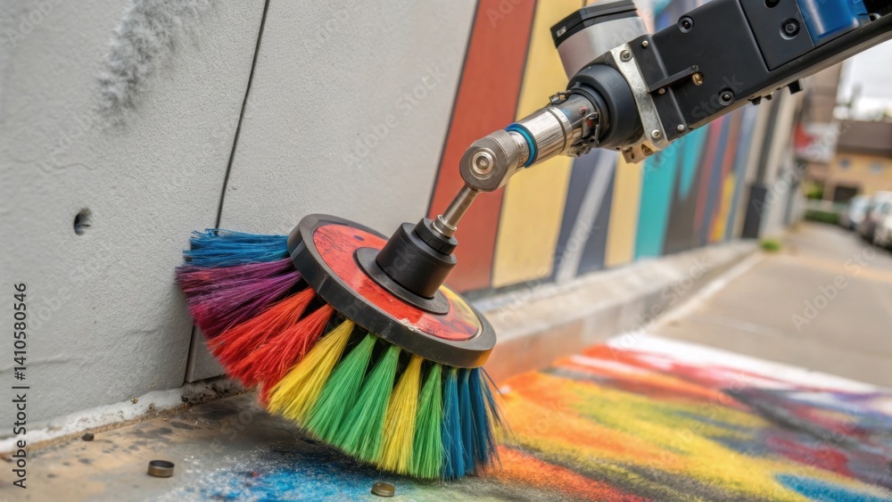 Poster A closeup of a robotic finishing tool featuring a rotating brush covered in vibrant paint with bristles glistening as they blend colors onto a wall.