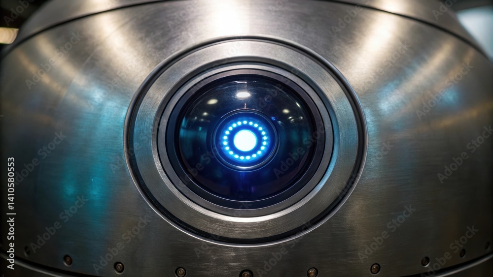 Aufkleber A closeup of a robotic eye equipped with advanced imaging technology focusing on a metal surface while glowing with artificial light.