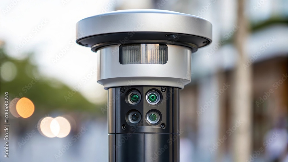 Poster A closeup of a smart light pole adorned with a builtin camera and environmental sensors capturing data on air quality and light levels around it.