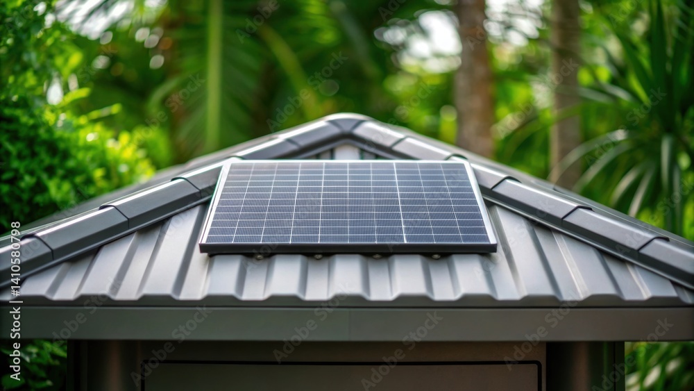 Poster A closeup of a solar panel installed on a 3Dprinted roof emphasizing the combination of renewable energy technology with sustainable building practices surrounded by greenery.