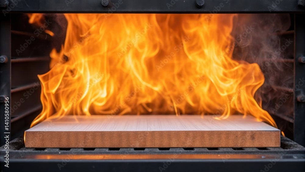 Poster A closeup of a test panel undergoing fire performance testing capturing the intense flames and smoke while showcasing the materials ability to withstand extreme heat without