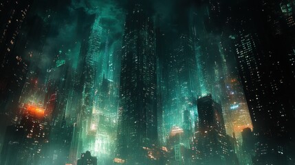 Futuristic neon cityscape with tall skyscrapers and vibrant lights at night