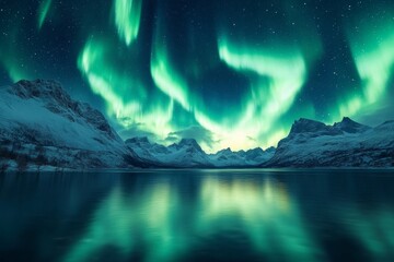 Naklejka premium Captivating aurora borealis dance arctic landscape nature photography nighttime wide angle view natural wonder
