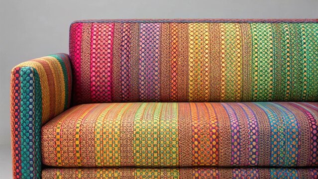 A closeup of a textured fabric swatch from a modular couch focusing on the vibrant colors and patterns available for customization in prefabricated interiors.