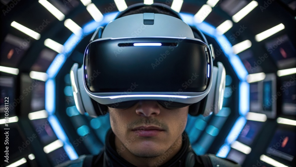 Aufkleber A closeup of a virtual reality headset being worn by a user immersed in a 3D environment of a site layout. The surrounding space is filled with dynamic elements and interactive