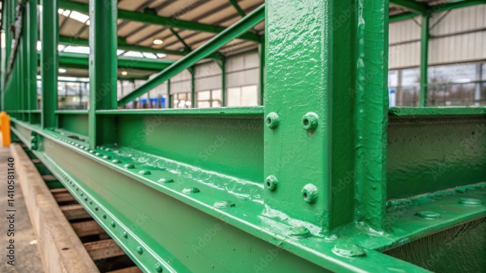 Poster A closeup of a vibrant green rustpreventive coating on a steel frame illustrating sustainable practices in the lifecycle of recyclable materials.
