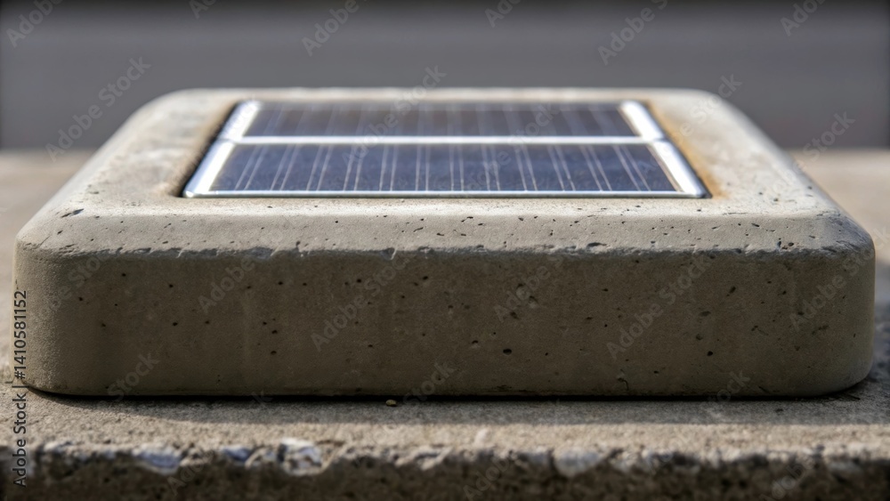 Poster A closeup of a weathered section of smart concrete showing embedded solar cells that allow it to selfsustain and power its connectivity features.