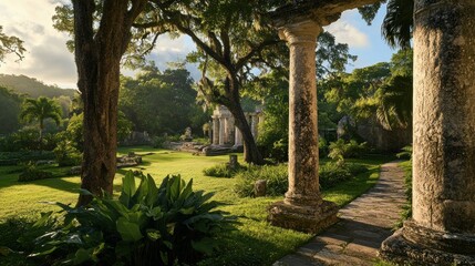 An ancient colonnade frames a beautiful garden with historical ruins