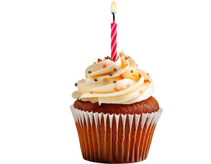 birthday cupcake with candle isolated on transparent background PNG, ai generative image

