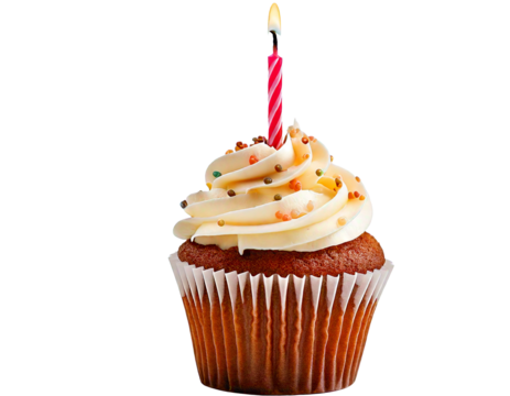birthday cupcake with candle isolated on transparent background PNG, ai generative image
