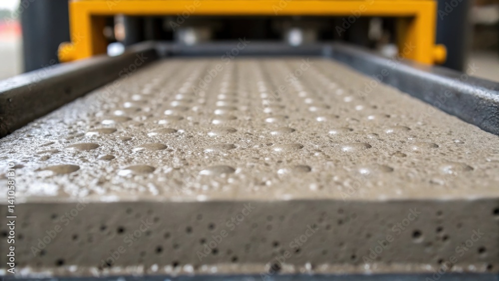 Poster A closeup of concrete being vibrated inside a mold capturing the fine details of the mixture as it settles and compacts under a vibrating plate.