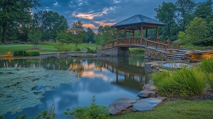 Fototapeta premium A Wooden Bridge Connects Over A Reflective Pond At Dusk