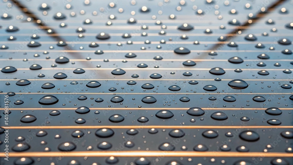 Poster A closeup of rain droplets tered across a transparent roofs surface with highlighted lines of solar shading reflecting in the water illustrating beauty and functionality.