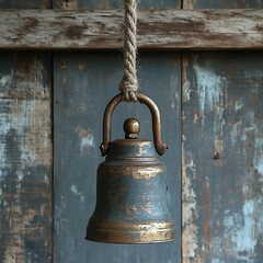 Obraz premium Antique Brass Bell Hanging From Rope Against Distressed Wood Photo