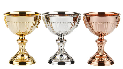 Three elegant trophies in gold, silver, and rose gold, showcasing intricate designs and a polished finish.