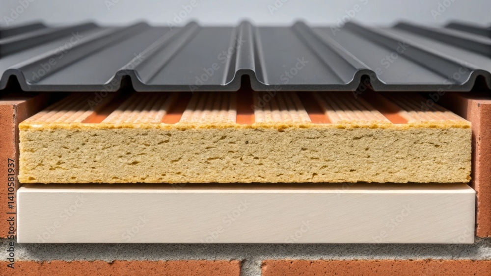 Poster A closeup of the edge profile of the cladding system revealing layers of insulation material embedded within designed to enhance thermal performance alongside fire resistance.