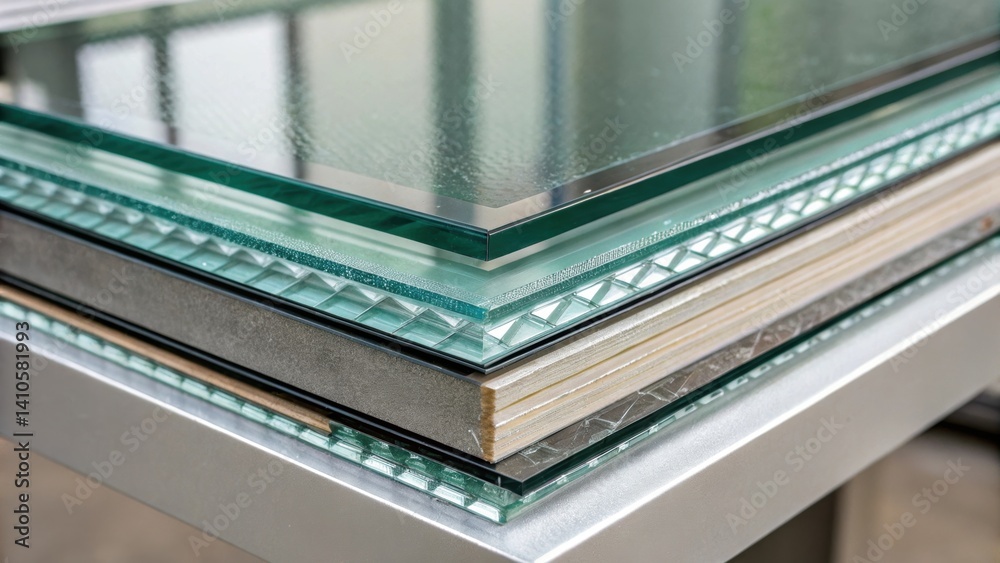 Poster A closeup of the edge of a glass panel revealing the layered structure of advanced coatings that contribute to insulating properties and overall durability.