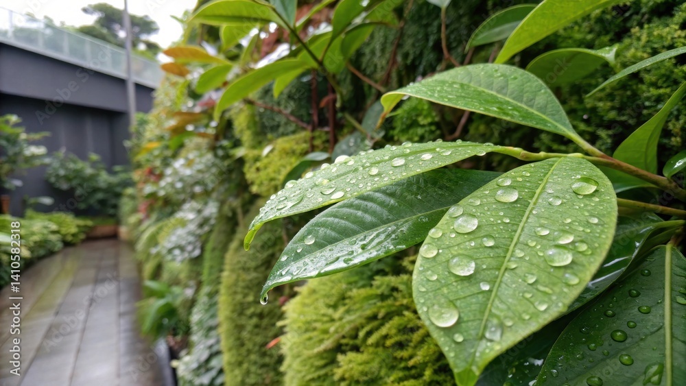 Aufkleber a closeup of the leaf surface on a living wall showing dew drops in the early morning light represen