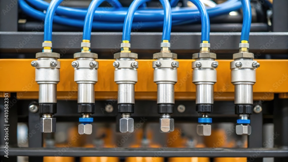 Poster A closeup of the machines pneumatic system highlighting hoses and valves that control the paint pressure for a consistent application.