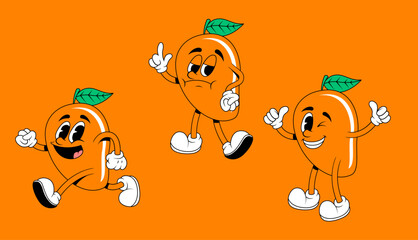 Vintage comic mascot of mango with happy smile face, hands and feet. Mascot of mango with winking eye and happy smile face. Mascot of mango with angry and annoyed face
