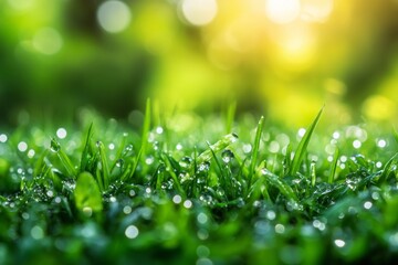 Obraz premium Morning dew on lush grass nature macro photography green close-up view refreshing essence