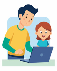 A child patiently teaching their parent how to use a laptop and navigate the internet for the first time.. Vector illustration