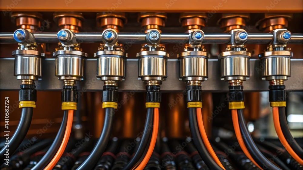 Poster A closeup of the sensors used in the automated pipeline welding machine showcasing their shiny surfaces and the intricate wiring used for monitoring and ensuring accurate welding