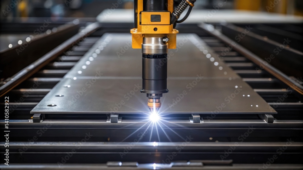 Poster A closeup of the welding torch attached to a robotic arm focused on the precise angle and position as it melts the edges of steel plates for a seamless joint.