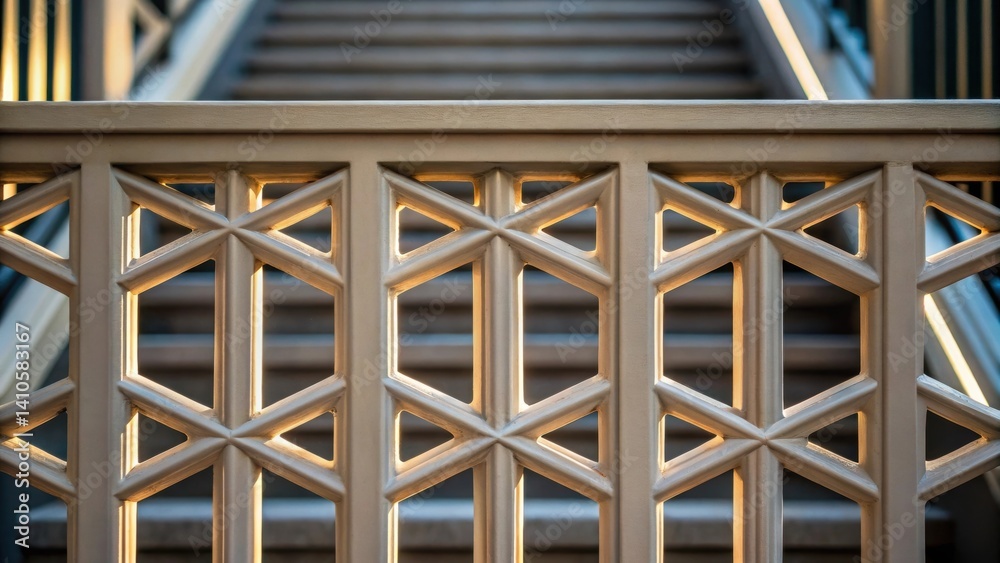 Poster A closeup perspective of a robust 3Dprinted stair railing with geometric outs demonstrating the interplay of light and shadow through the open sections giving it a modern feel.