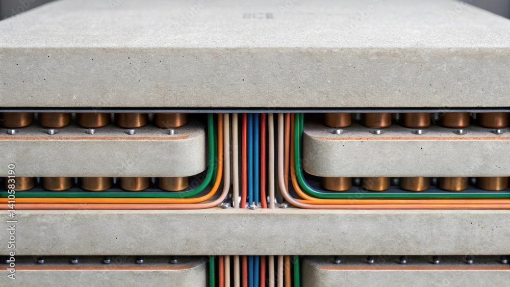 Aufkleber A closeup perspective of layering in smart concrete revealing the intricate wiring system beneath the surface illustrating the complexity of its design.