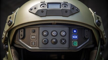 A closeup on the helmets control panel where tactile buttons and touchsensitive controls allow operators to easily navigate through various augmented reality applications.