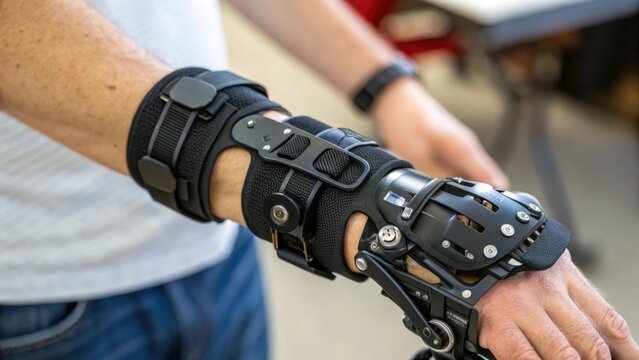 A closeup perspective of the wrist joint of the exoskeleton highlighting the delicate engineering that allows for fluidity in movement while assisting with heavy lifting tasks.
