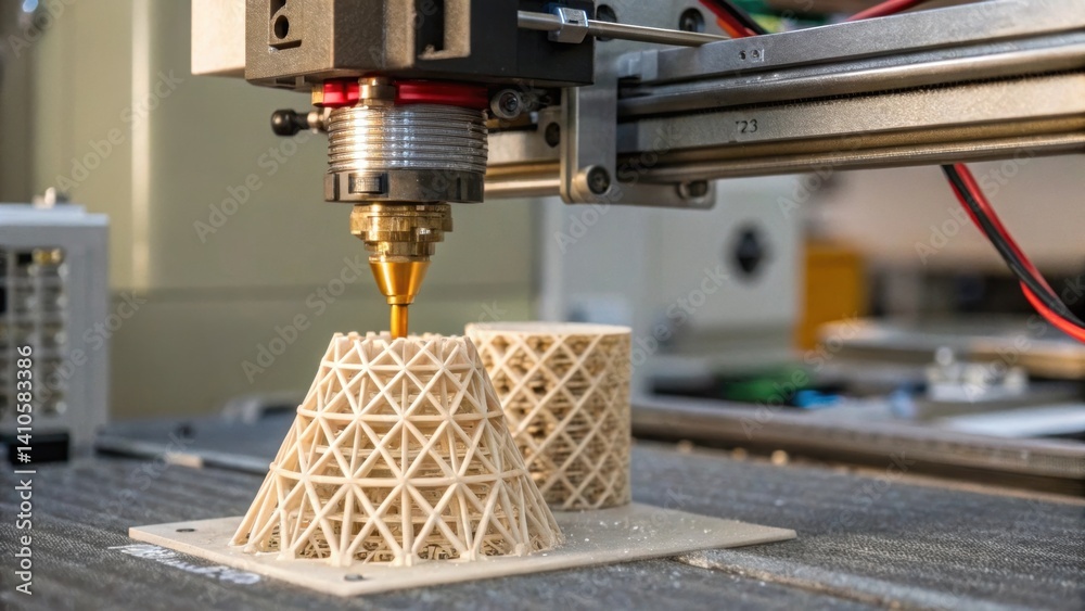 Aufkleber A closeup shot of a 3D printer nozzle extruding a fine filament with molten material creating intricate lattice structures for custom architectural components against a backdrop of