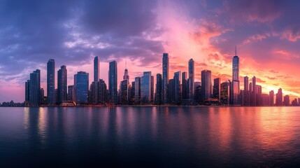 Obraz premium Vibrant sunset over chicago skyline reflecting on lake michigan waters