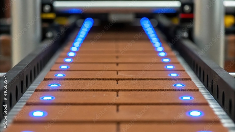 Aufkleber A closeup showing a sensor scanning the bricks as they move along the line with small blue LED lights blinking to indicate functioning status.