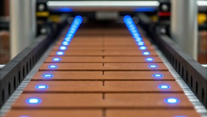 A closeup showing a sensor scanning the bricks as they move along the line with small blue LED lights blinking to indicate functioning status.