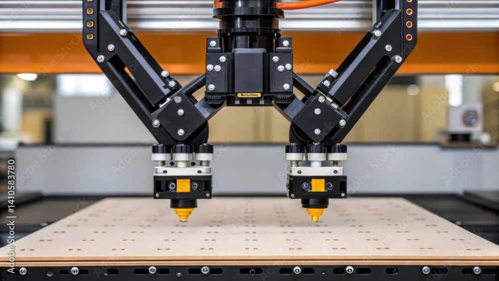 Aufkleber A closeup view of a robotic end effector gripping a preassembled structural panel highlighting its intricate grippers designed for secure handling and placement.