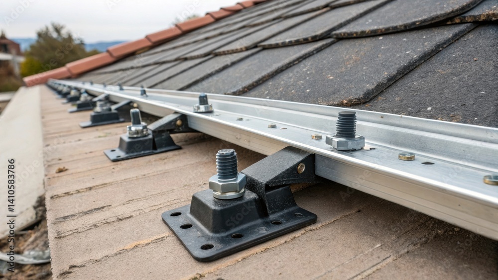 Poster A closeup view of a roof attachment system demonstrating the robust fasteners and brackets designed for maximum hold showcasing their engineered strength against lateral forces.
