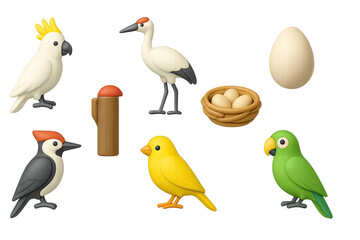 3D icon set of birdwatching: cockatoo, crane, egg, nest, woodpecker, cardinal, canary, parrot. 3d icon. icons set of 3d style in a modern design. Isolated